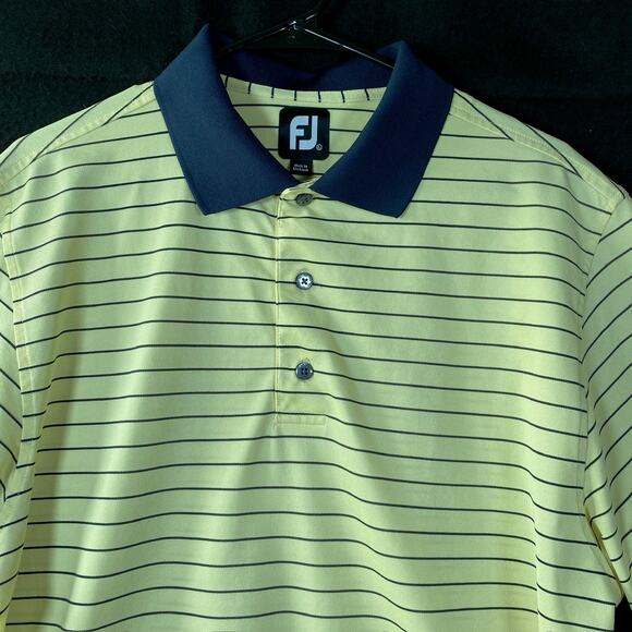 FootJoy Mens Shirt Yellow Blue Striped Golf Polo Comfort Quick Dry Stretch Large - Picture 2 of 12